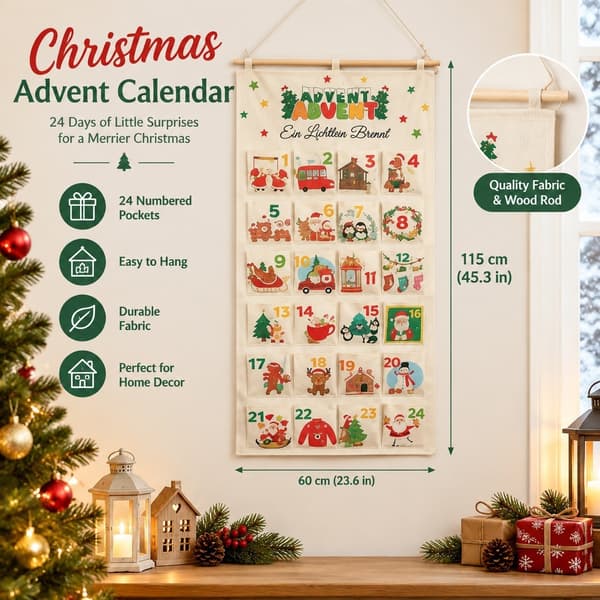 Julkalender i tyg med 24 fickor, hängande godispåsar, 60x115cm
