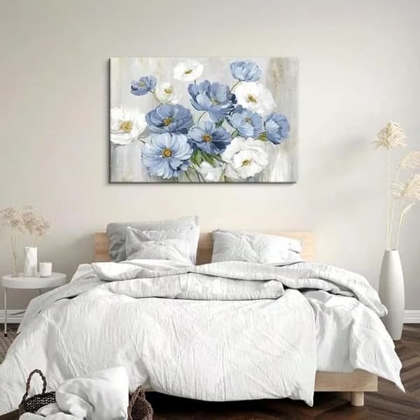Blå blomster veggkunst, 60x80cm uinnrammet lerretmaleri, moderne stuedekor