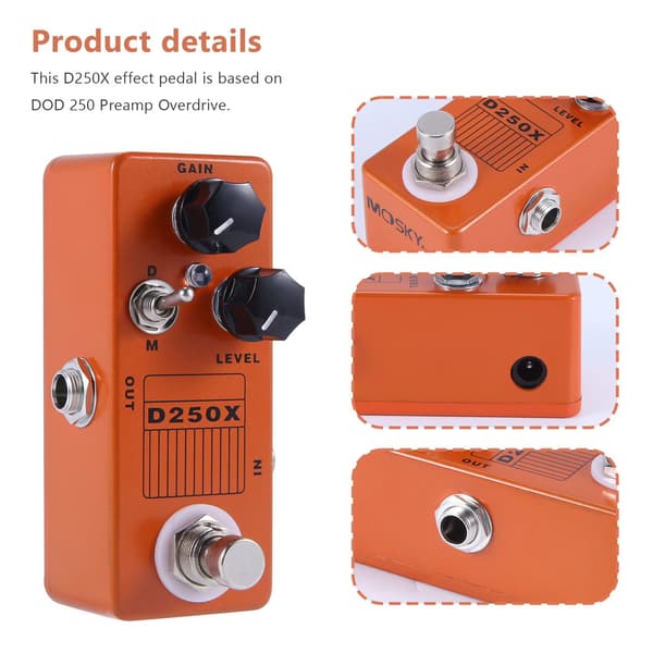 D250X Mini Overdrive Preamp Gitarr Effektpedal, True Bypass, Orange, Metall, Kompakt