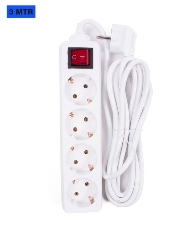 4-vejs stikdåse med afbryder, 3m ledning, 10A/250V, 2500W, Jorden