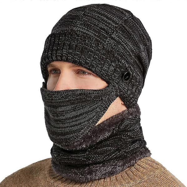 Varm vintermössa för män, stickad ullmössa, halsduk och maskset Black