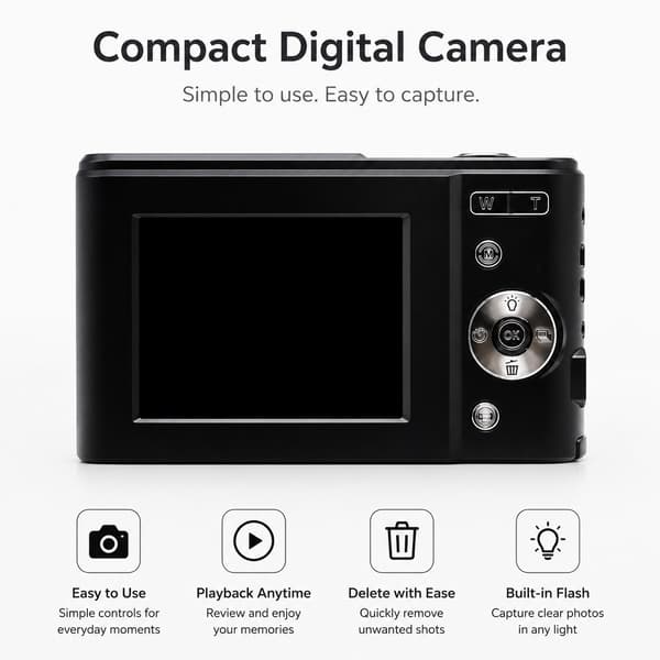 Digitalkamera 48MP 1080P HD 16x Zoom, Kompakt Peg-og-Skyd til Begyndere, Sort