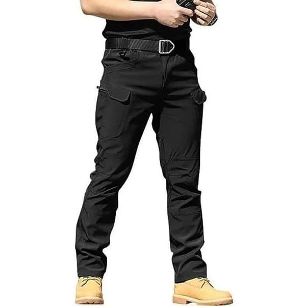 Herr Slim Fit Multi-Fickor Cargo Byxor med Dragkedja, Svart, Elastisk Midja, Arbete