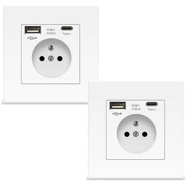 Hvide Glasvægstikdåser med USB- og Type-C-porte, 5V 2100mA, 2-pak