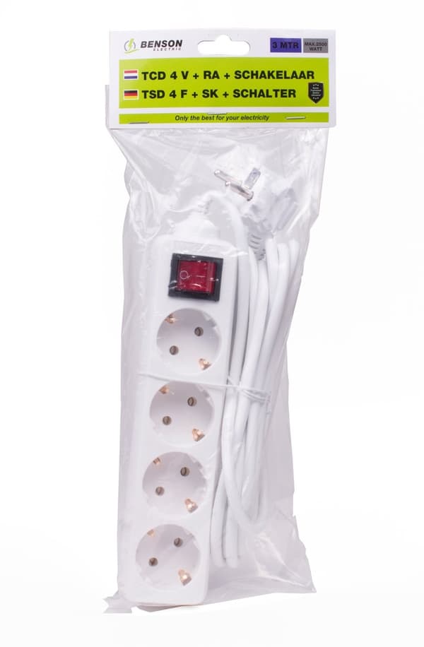 4-vejs stikdåse med afbryder, 3m ledning, 10A/250V, 2500W, Jorden