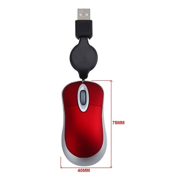 Mini udtrækkelig mus, rød, kompakt bærbart design, kablet USB, til rejser