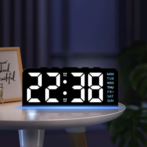 LED Digitalt Vækkeur med Store Tegn, Datovisning, Stemningslys, Multifunktionelt Bordur Gh8033 white shell blue light