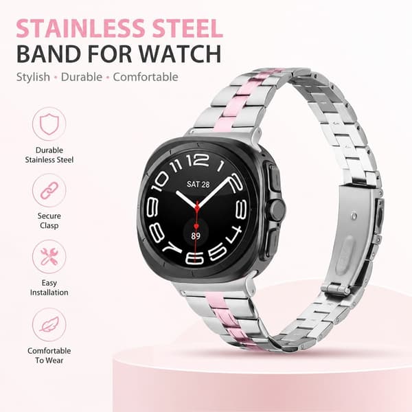 Urrem i rustfrit stål kompatibel med Samsung Galaxy Watch8, Pink, 20,5 cm længde, 2 cm bredde, tre-leds design