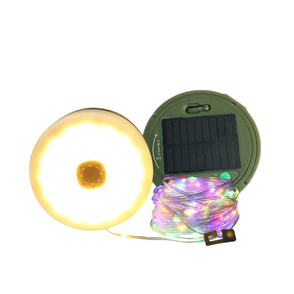 10m solcellelyslenke, 100 LED, USB-lading, brukt til camping, hager og gårdsplasser.