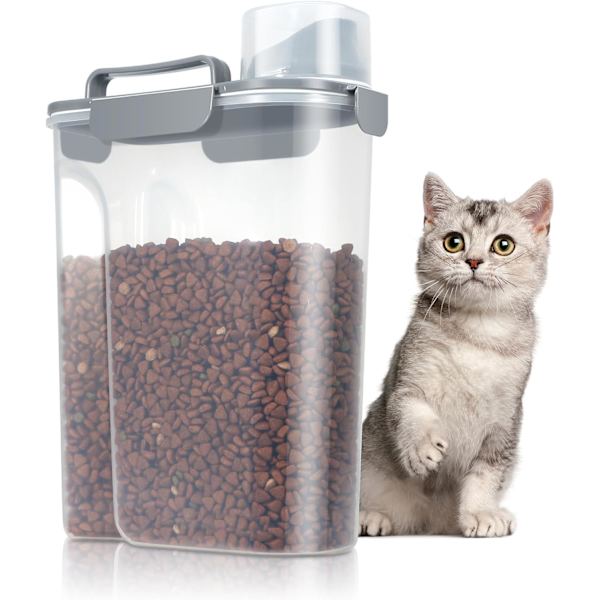 Foderbeholder til kæledyr, 2L/5L, bærbar til tørfoder, BPA-fri plast med låg, målebæger og hældetud Dark Grey