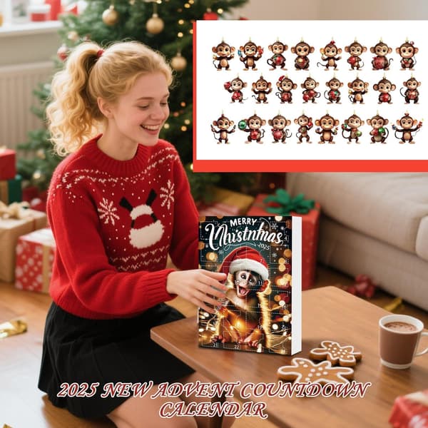 Adventskalender i akryl med juletrepynt, apetre, 2D, 2025, stil E