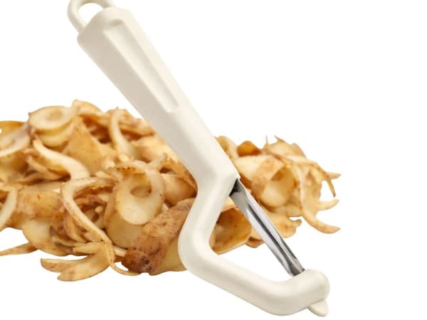 Grønnsaksskreller med dobbelt blad, ergonomisk håndtak, rustfritt stål, beige