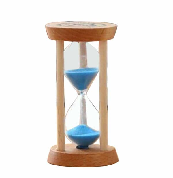 Timeglas i træ, blå, 10 minutter, 3 søjler, rundt, skrivebordsindretning