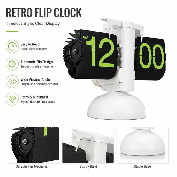 Retro digital flip-bordklokke, 304 rustfritt stål, hvit kant, grønt nummer