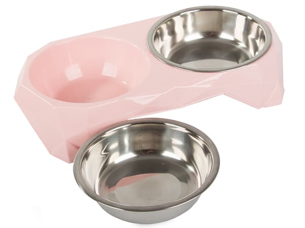 Dobbelt kæledyrsskål, 2x350 ml, rustfrit stål, spildfri, plastbase, hund & kat