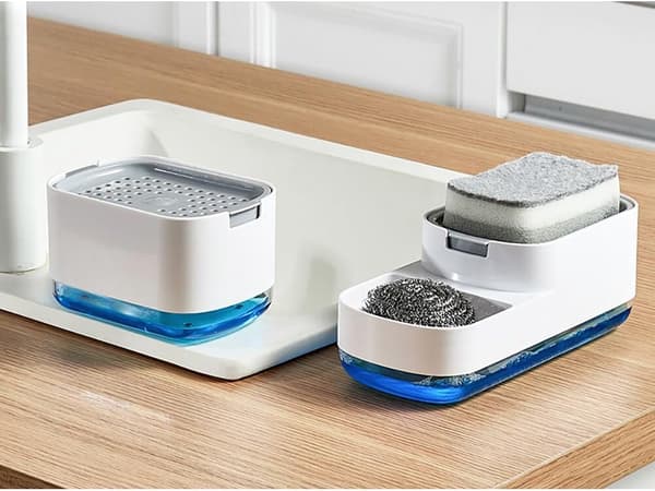 Opvaskemiddeldispenser til køkkenvask, med svampeholder, plastik, nem at rengøre