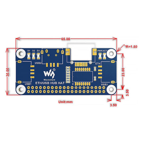 Pi ETH/USB Hub HAT för Raspberry Pi Zero-serien, 3 USB- och RJ45-portar, förbättrad anslutning