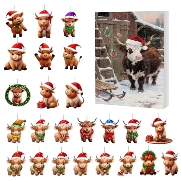 Julekalender med Highland-ku, 2D akryl, 24 dagers nedtelling, festdekorasjon K