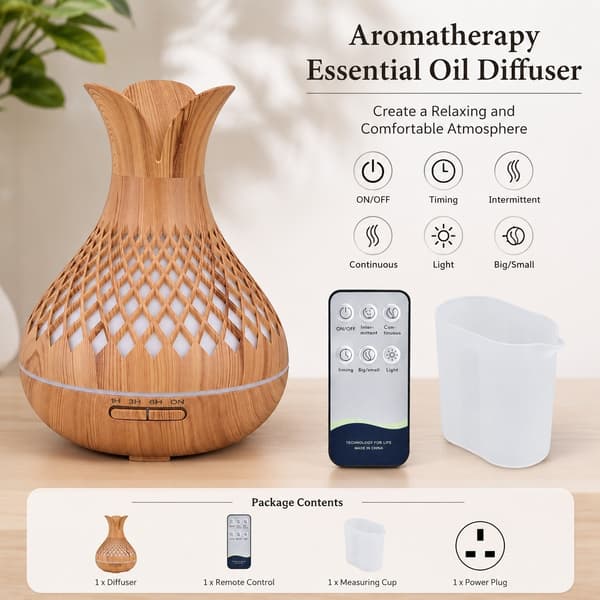 Aromaterapi Luftfugter 500ml, Trækorns Diffuser, Lav Støj, Farverige LED Lys, 100-240V