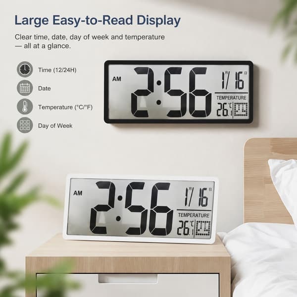 Modern LCD-väggklocka med alarm, termometer, evighetskalender, stor skärm, batteridriven 9554 black