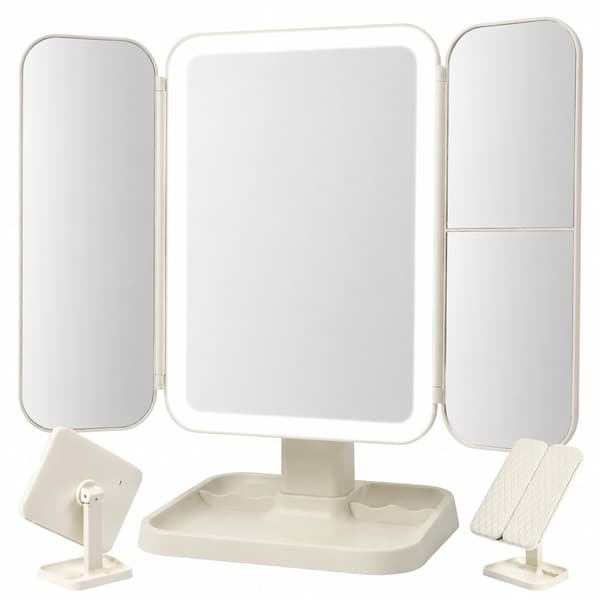 LED Sminkspegel, 3-panel vikbar, 2x/3x förstoring, justerbart ljus, USB-C, gräddvit