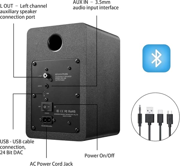 60W kulfiber reolhøjttalere, Bluetooth 5.0 aktiv stereo, 24-bit DAC med diskant- og basjustering