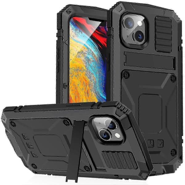 For iPhone 14 Plus R-JUST Støtsikkert Vanntett Støvtett Deksel med Holder Black