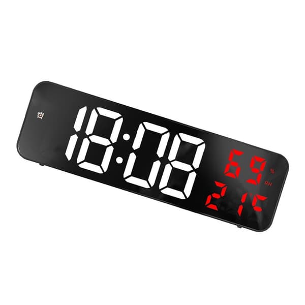 Stor digital LED-väckarklocka, spegeldisplay, väggmonterad med stickkontakt, vit och röd