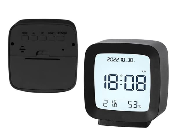 Vækkeur med dato, temperatur og luftfugtighed, LCD-display, snooze-funktion, sort Black