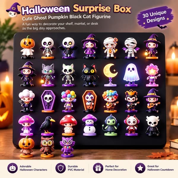 Halloween overraskelsesæske med sød spøgelse, græskar og sort kat-figur, PVC 3D-kalenderdekoration