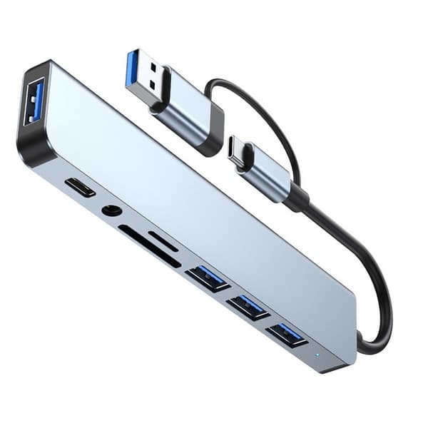 USB-C-hubbadapter för bärbar dator, 8-i-1, grå, aluminium, höghastighet 5 Gbps, modell 2218TU
