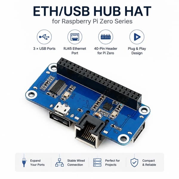 Pi ETH/USB Hub HAT för Raspberry Pi Zero-serien, 3 USB- och RJ45-portar, förbättrad anslutning