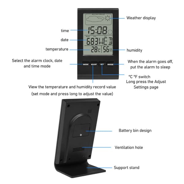 LCD Digital Hygrometer Inomhustermometer, Luftfuktighetsmätare med Larm, Svart