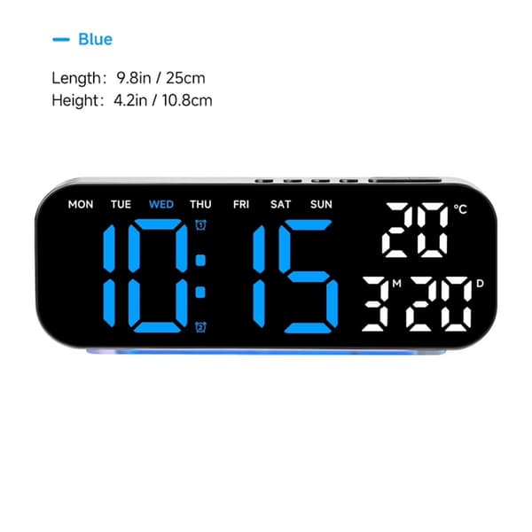 Digital väckarklocka med datum och temperatur, LED-display, dubbla larm, USB-driven, batteribackup, blå