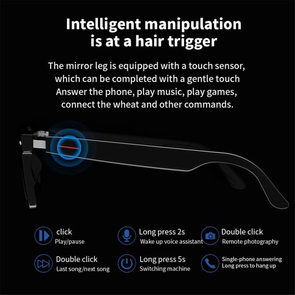 Smarta glasögon trådlös Bluetooth 5.0, handsfree-samtal musik, svart, in-ear-design