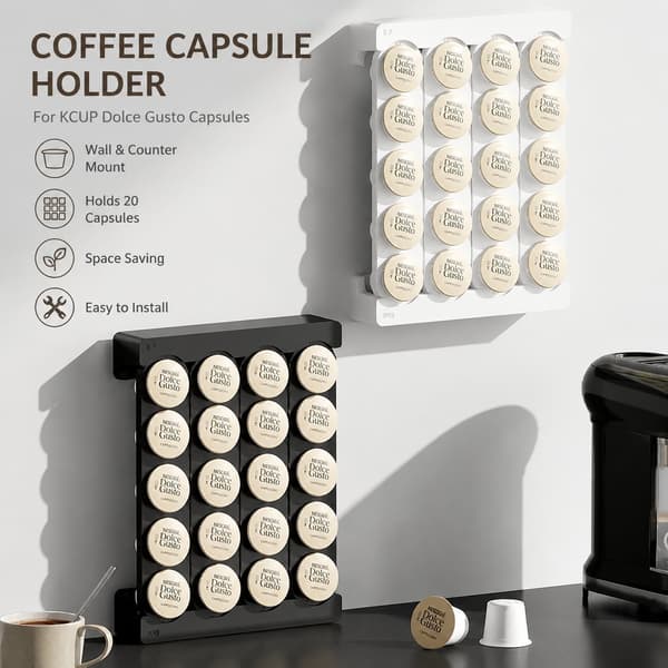 Väggmonterad förvaringsställ för kaffekapslar, 20 kapslar, utan borrning, ABS-plast, vit/svart
