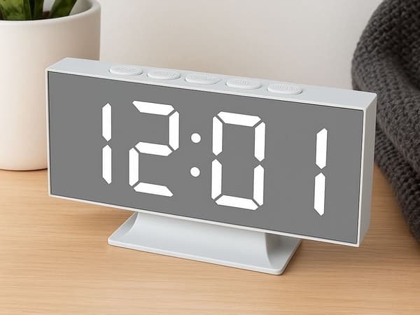 Digital LED Vekkerklokke med Speildisplay, USB, Hvit, Termometer