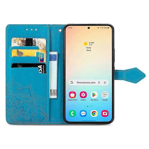 Wallet Case til Samsung Galaxy S25 Mandala Blomst Læder Telefon Cover Stativ - Sort Blue