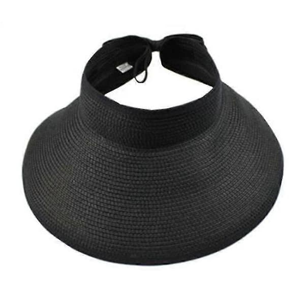 Stor, blød læder solhat til kvinder, sommer strandferie, justerbar, hul top, foldbar hat Black