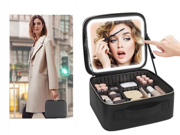 Sminkepung med LED-speil, kosmetikkorganisator, reiseveske, USB-C-lading