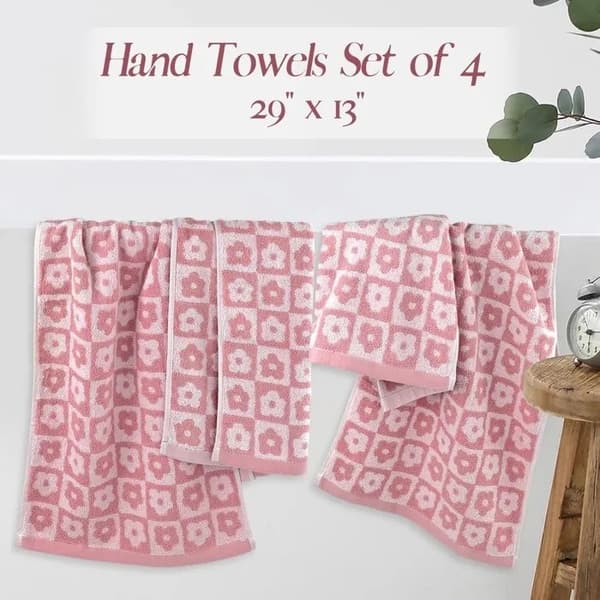 Lyserøde ternede blomstrede bomuldsbadehåndklæder, sæt med 4, hurtigtørrende til kvinder og piger - 35*75 cm
