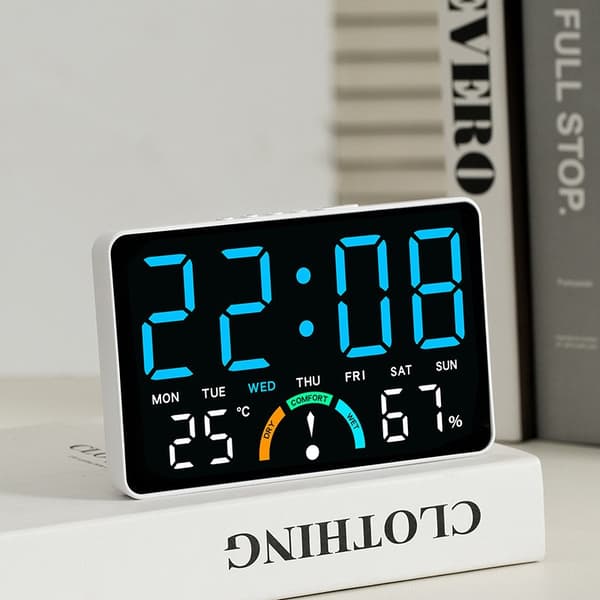 LED Digital Väckarklocka, Temperatur- och Luftfuktighetsdisplay, Stor Skärm, Väggmontering eller Bordsmodell, Modern Gh9007 white shell green light