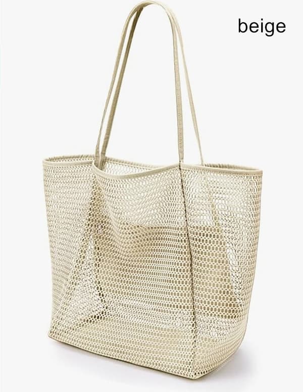 Sammenleggbar strandveske, handlenett i netting for kvinner, beige, lett og kompakt