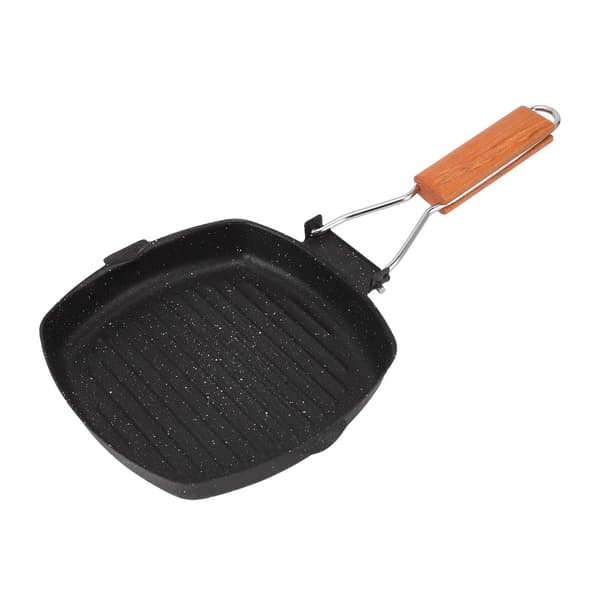 Sammenleggbar stekepanne 20x20cm, bøk håndtak, non-stick striper, biff- og grillpanne, utendørs