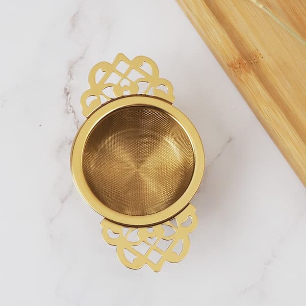 Te-infuser i rustfrit stål med drypbakke, guld, finmasket si til løs te