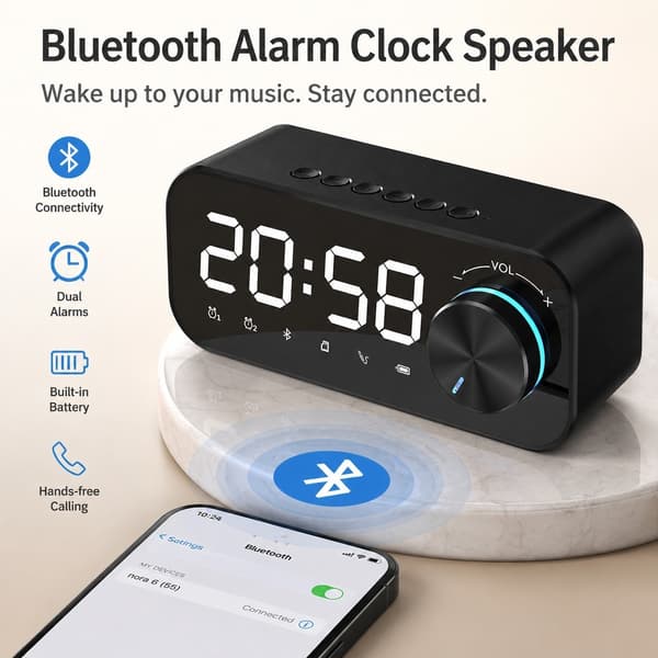 Hvit Mini Bluetooth-høyttaler, Bærbar, Klokke, Smart Kontroll, Nattlys, Bass