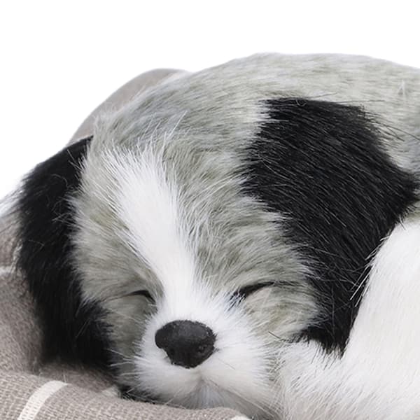 Sovande plyschhund med kudde, simulerad huskyhunddocka, liten hundprydnad