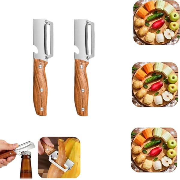 Grønnsaksskreller i rustfritt stål 2-pakning, ergonomisk trehåndtak, potet- og fruktskreller, sølv
