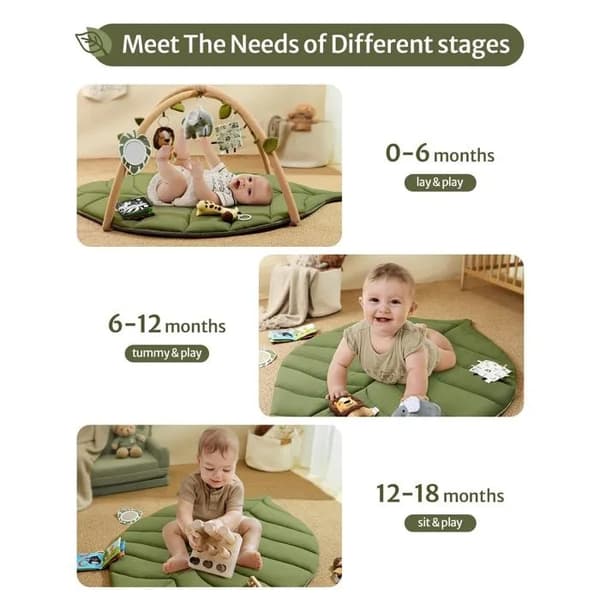 Babygym og aktivitetsmatte-sett, overdimensjonert bladform, avtakbare leker, motorisk og sensorisk utvikling