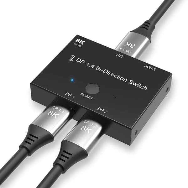 DisplayPort 8K DP 1.4 dubbelriktad väljarlåda, 2-portars switchsplitter för dubbla skärmar, stöder 8K@30Hz 4K@120Hz, svart